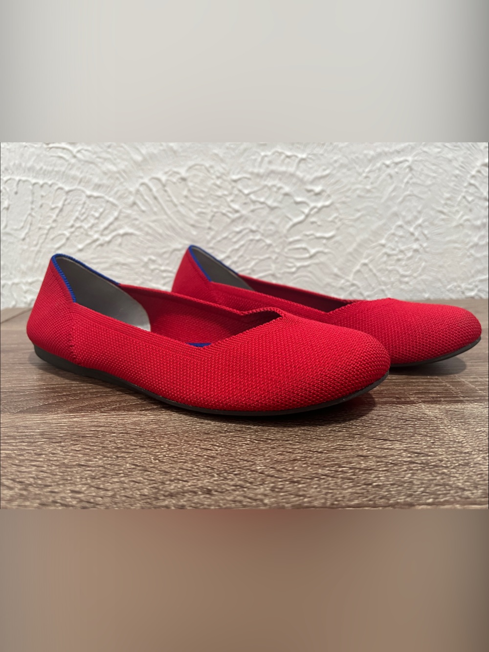 Rothy's Red Knit Slip-On Flats with Blue Trim